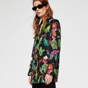 Mango Satin Tropical Floral Bird Print Oversized Boyfriend Cut Blazer